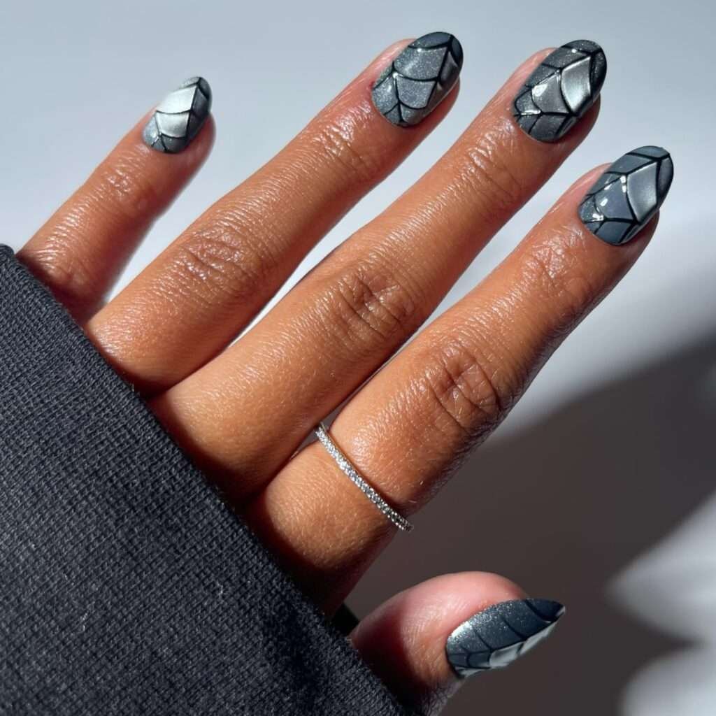 Deep teal and smoky silver make a cooler, moonlit alternative to the usual orange-and-black palette. The reflective finish feels mysterious but polished—especially if your October outfits lean toward charcoal, denim, and silver jewelry.