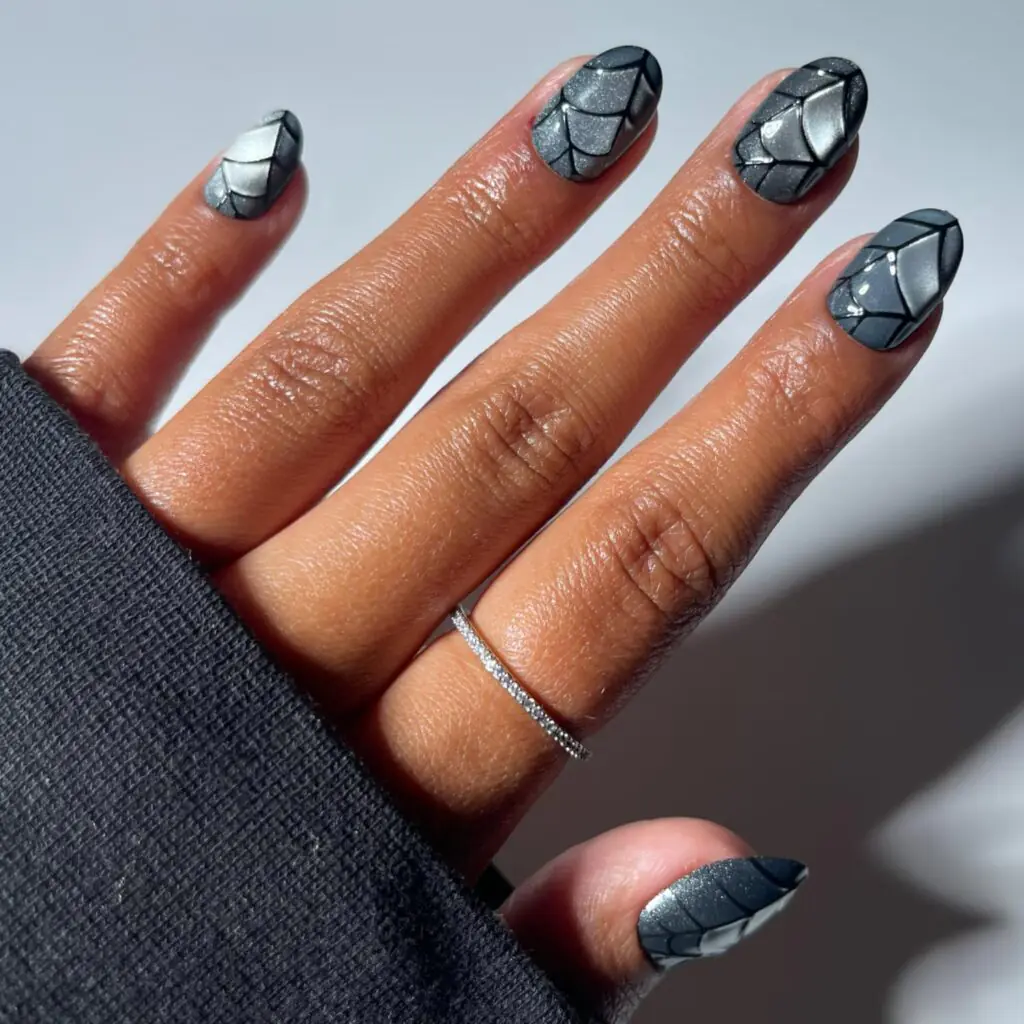 Deep teal and smoky silver make a cooler, moonlit alternative to the usual orange-and-black palette. The reflective finish feels mysterious but polished—especially if your October outfits lean toward charcoal, denim, and silver jewelry.