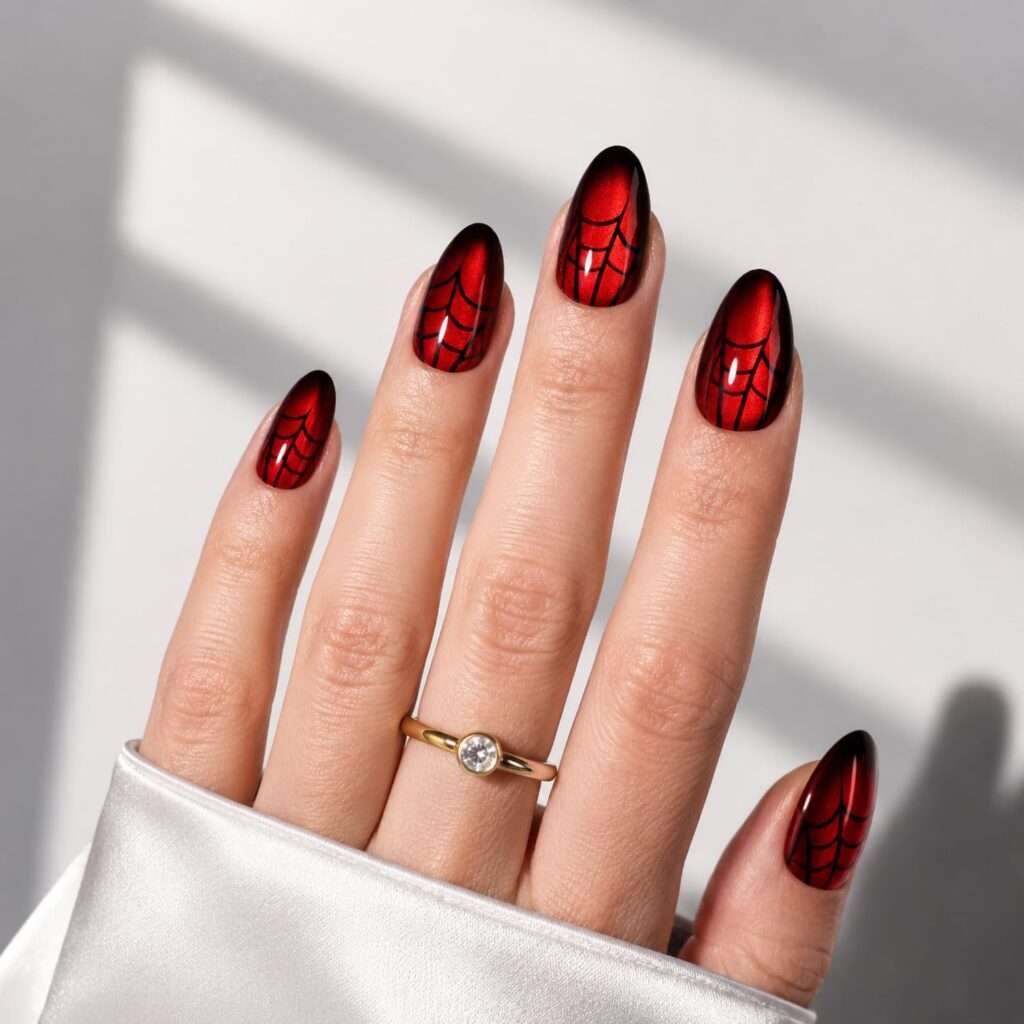 These red nails look like dark cherry candy in bright light and nearly black-red in the shadows. They are bold, elegant, and easy to style with a black dress, red lip, or your everyday jeans. No tiny pictures required; the color itself is the statement.