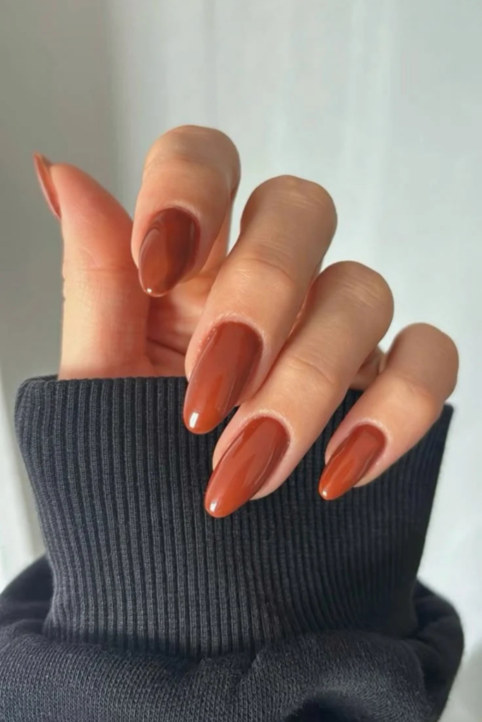 Cinnamon brown nails are exactly the kind of warm, cozy color I associate with late autumn. They have a reddish-brown base with soft orange or spice-inspired undertones, giving them a little more vibrancy than traditional chocolate brown. And because the color isn't excessively dark, it can be a lovely choice if you want something warm that still feels fresh. It's also a shade beauty professionals are anticipating for fall 2026.