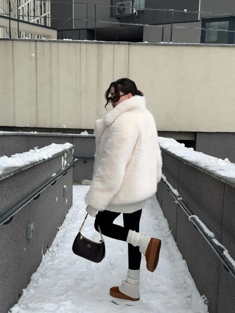 Winter dressing reaches peak cozy-chic with this plush, off-white faux-fur statement coat. By contrasting the oversized silhouette with fitted black leggings, the look plays expertly with proportions. Slouched leg warmers scrunching over platform suede boots bring a deliberate, retroactive nod to Y2K snow-resort aesthetics. A structured dark shoulder bag provides a sleek, grounded anchor to the snowy palette. It is a masterclass in staying warm without sacrificing high-fashion appeal.