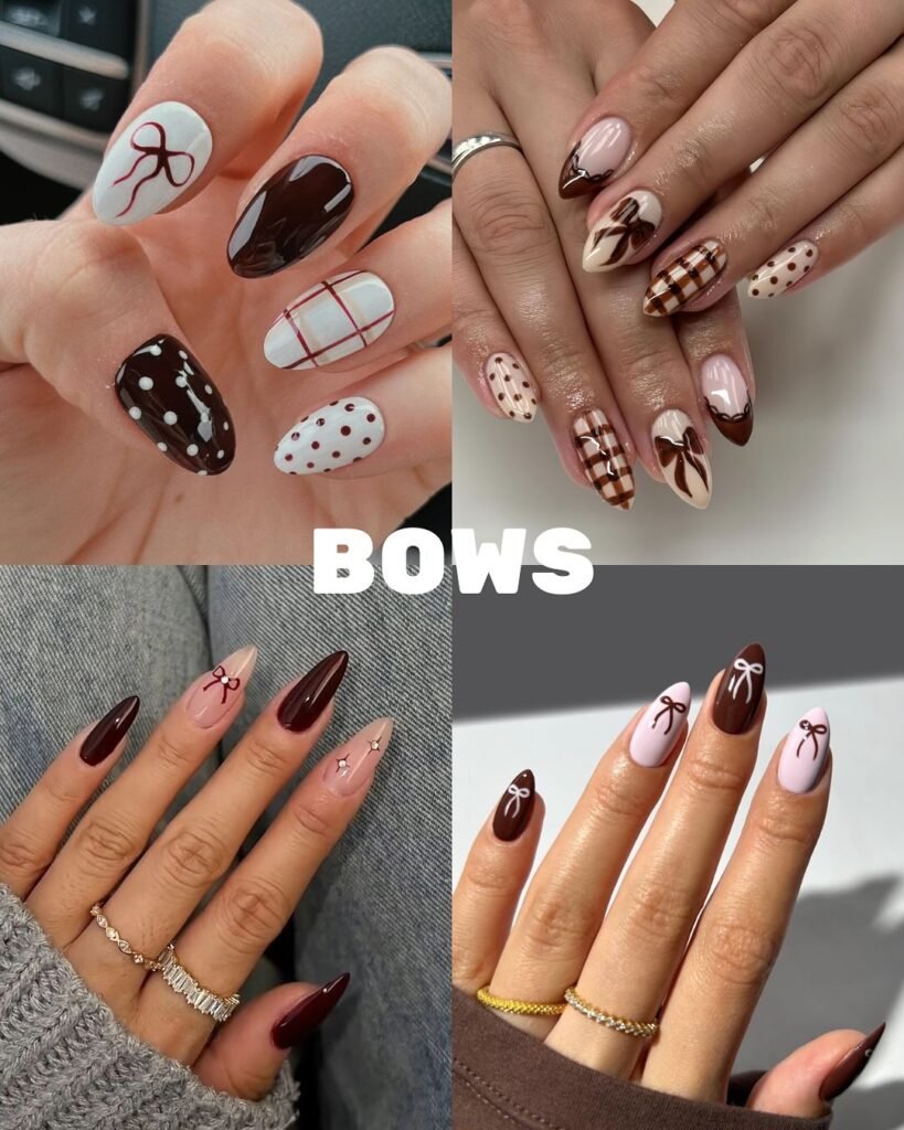 This collage shows four different ways to wear the bow trend: a burgundy bow with plaid and dots on white, chocolate bows with gingham on cream, a delicate bow with a crystal on blush and white bows on pale lilac and brown. They all follow the same recipe: a dark base, a soft neutral and one tiny bow. My favourite is the single bow on a blush nail with a small crystal. It’s the subtlest option, and you can ask for it on just one finger. If you’d like a bolder look, go for the plaid-and-dot version, which turns the whole hand into a pattern mix.