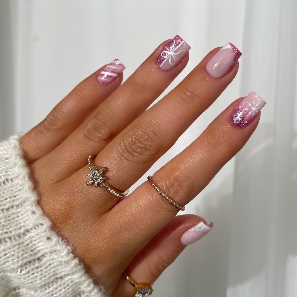 This is the most festive set here: a gift bow, a candy cane stripe and a snowflake over pink glitter. It’s for the reader who is already thinking about December. If you love it, I’d wait until late November so it doesn’t feel early.