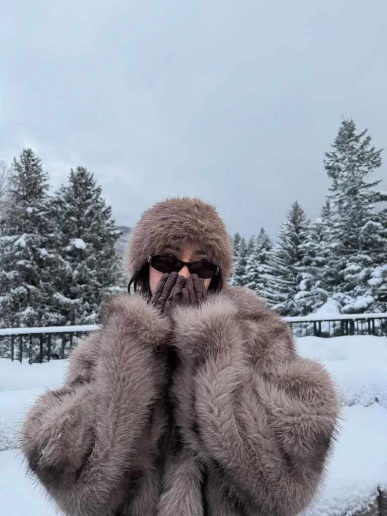 Embracing the ultimate apres-ski aesthetic, this look centers around an opulent, high-pile faux-fur coat. The matching furry trapper hat adds a dramatic, frame-worthy volume that feels both vintage and current. Supple leather gloves in a deep cocoa hue add a refined, polished finish while concealing the lower face. Framed by a backdrop of snow-capped pines, the ensemble balances utility with pure drama. It’s a bold testament to statement winter accessories.