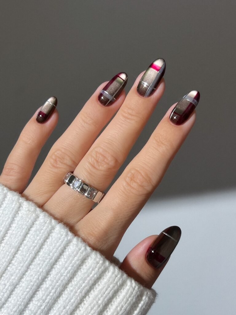 Velvet Plaid in Burgundy and Taupe. This is the most advanced set in the article. A taupe and bronze cat-eye base is cut with burgundy blocks and thin silver lines, and the magnetic effect shifts as your hand moves. It looks like a woven coat fabric.