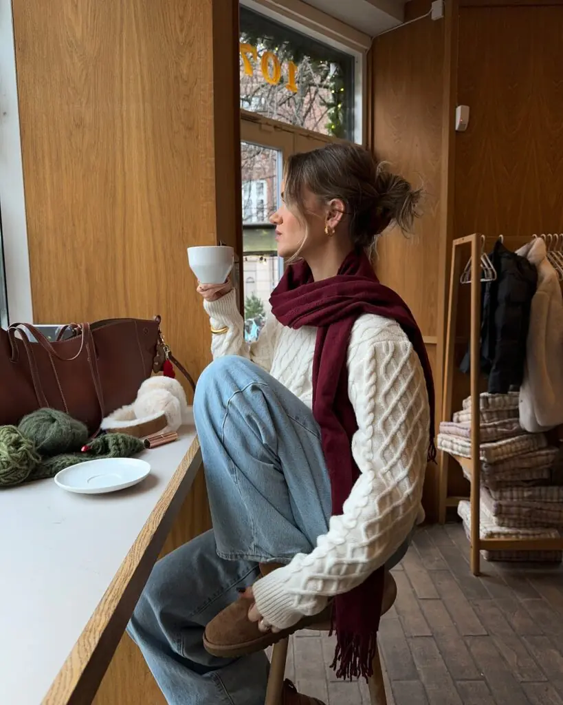 This is the kind of winter outfit I love for a slow morning at a cozy café or a relaxed afternoon in the city. The ivory cable-knit sweater adds beautiful texture, while the light-wash jeans keep the look casual and effortless. A deep burgundy scarf brings a rich pop of color, making the entire outfit feel more considered without trying too hard. Finish with brown suede boots, gold hoop earrings, and a structured leather tote for that understated European-inspired look.