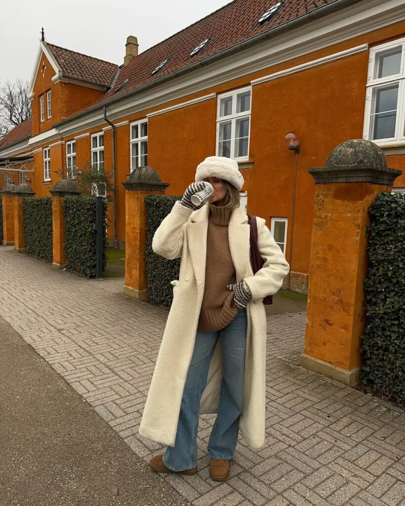 A long cream teddy coat instantly makes a simple winter outfit feel luxurious. Here, the soft outerwear is paired with a camel turtleneck, relaxed blue jeans, and warm brown suede shoes—a combination that feels timeless rather than overly trend-driven. The fluffy cream hat adds another layer of texture while complementing the coat beautifully. If you're looking for winter outfit ideas that work for coffee runs, weekend shopping, or casual city walks, this neutral color combination is one worth saving.