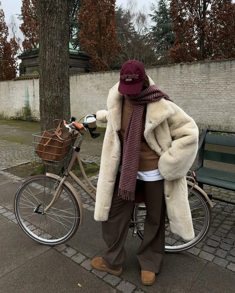 You don't need to be heading to the mountains to borrow a little inspiration from après-ski dressing. This look combines a plush cream shearling coat with a chocolate-brown sweater and loose tailored trousers, creating a warm, layered outfit with plenty of visual depth. The burgundy baseball cap and patterned scarf add personality, while the brown suede footwear keeps everything grounded. I especially like the mix of relaxed shapes and rich winter colors; it feels comfortable, practical, and still pulled together.