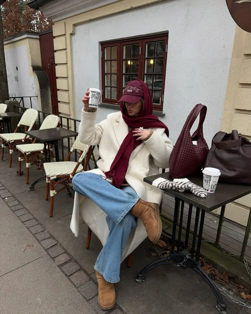 Sometimes, one strong accessory is all an outfit needs. A deep burgundy scarf adds a striking contrast to the cream coat, while light-wash jeans keep the look fresh and easy to wear. Matching the scarf with a burgundy baseball cap and woven leather bag creates a subtle sense of coordination without making the outfit feel too matchy. The tan suede boots introduce another warm neutral, tying everything together. For winter 2026, this is a lovely way to experiment with color while keeping the rest of your wardrobe simple.