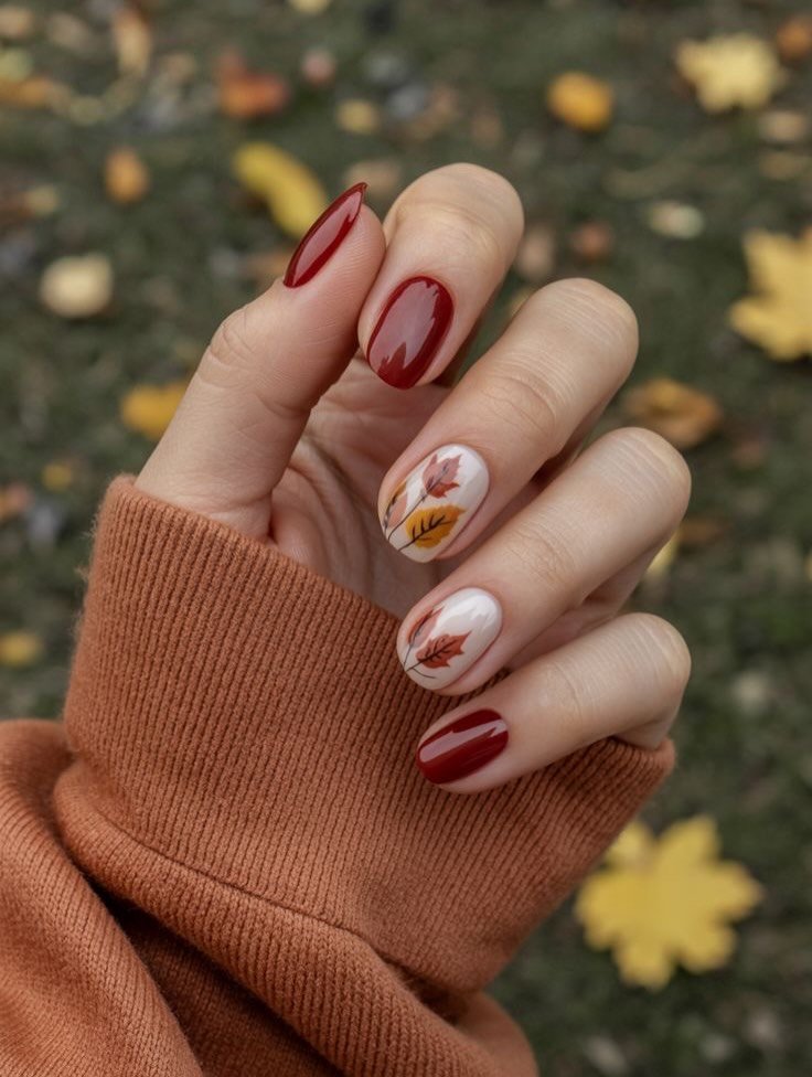Two cream accent nails with red, orange and mustard leaves, set against four glossy red nails. It’s the most classic fall idea on the list, and it works because the leaves are small and confined to two nails.
