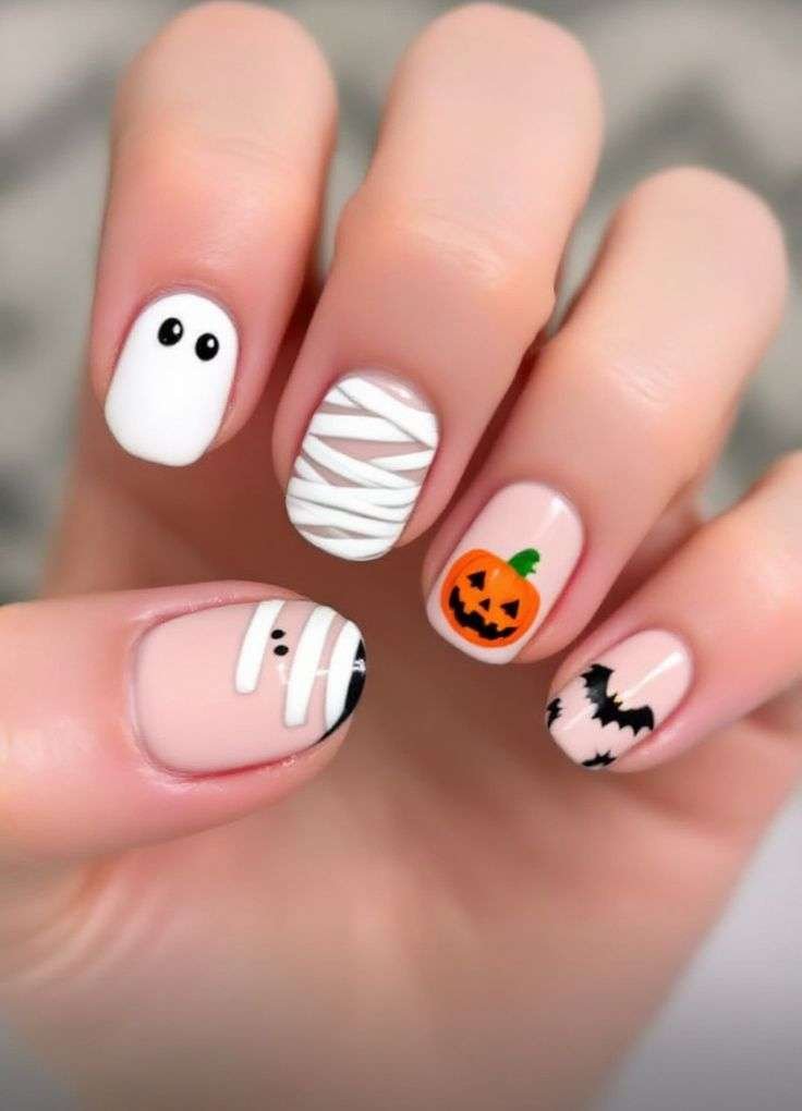 If you cannot decide between cute and spooky, let a few small characters share the set. White mummy wraps, friendly ghost faces, and tiny pumpkins bring together the most lovable parts of Halloween, while a pale base keeps everything bright. This is especially fun for a party, photos, or handing out candy.