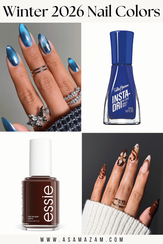 Winter 2026 nail colors. 20 best winter 2026 nail colors featuring burgundy, chocolate brown, cherry red, icy blue, forest green, milky white, and silver chrome manicures.